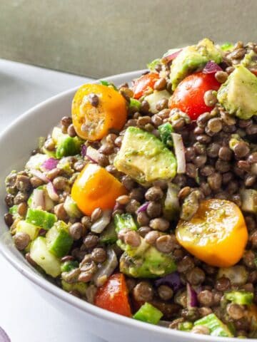 Lentil Salad with Avocado, Cherry Tomato, and Lime Cilantro Vinaigrette