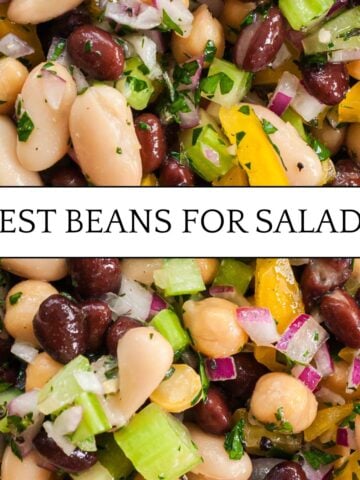 Colorful bean salad with white beans, black beans, chickpeas, bell peppers, onions, and herbs.