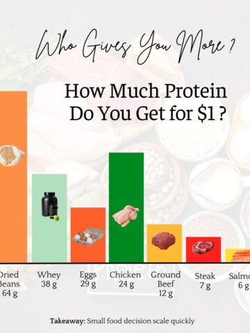 A bar graph compares the amount of protein in grams obtained for one dollar across different foods, with dried beans providing the most at 64 grams.