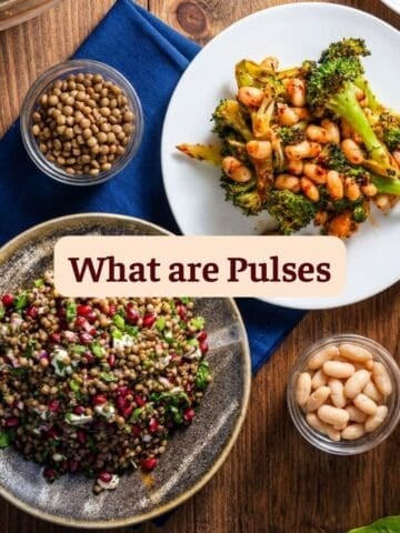 A top-down view of various pulse-based dishes including a lentil salad with pomegranate, roasted white beans with broccoli, and small bowls of dried lentils and cannellini beans.