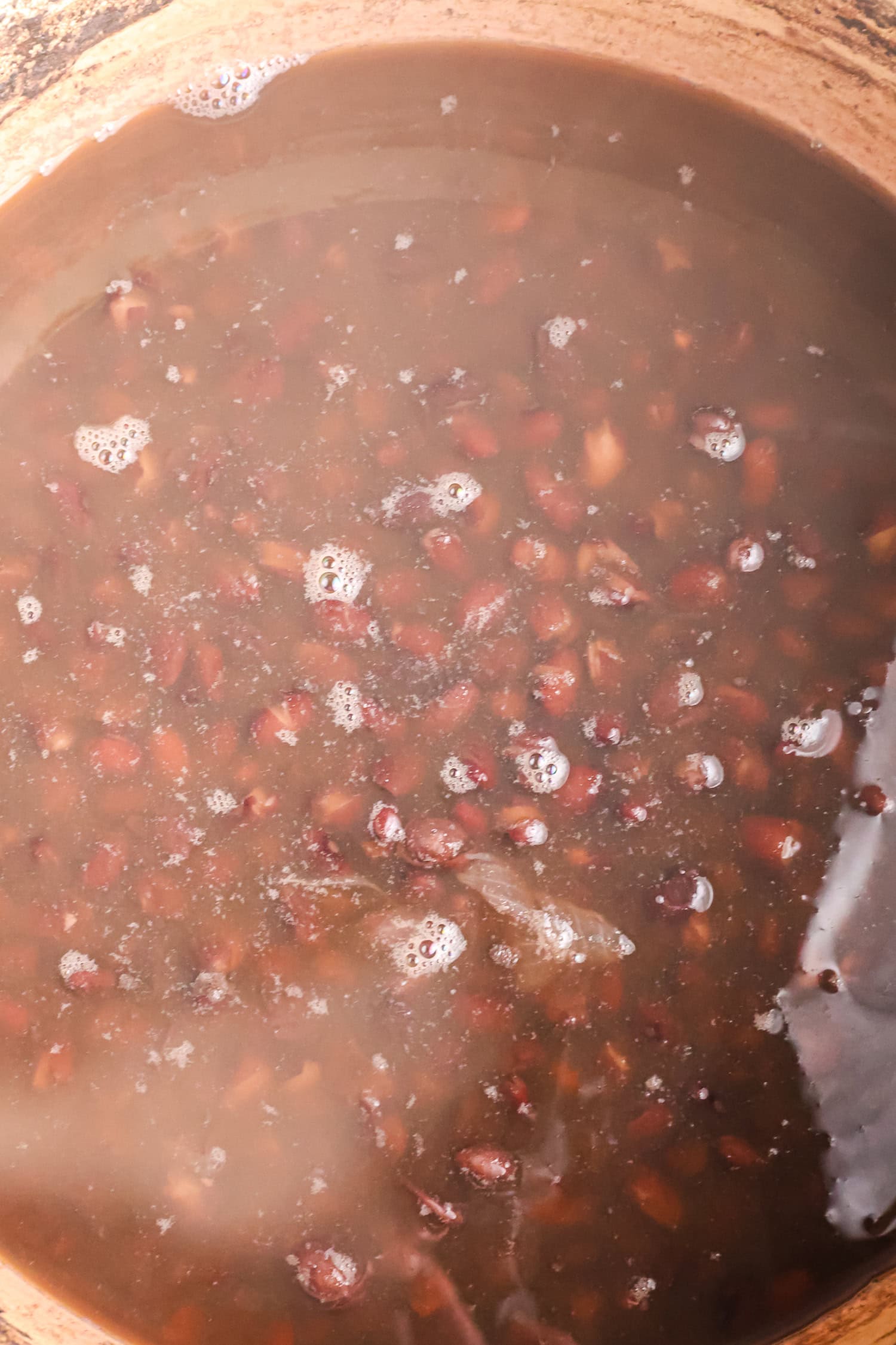 A close-up view of dark beans simmering in a pot of brown liquid with small bubbles on the surface.